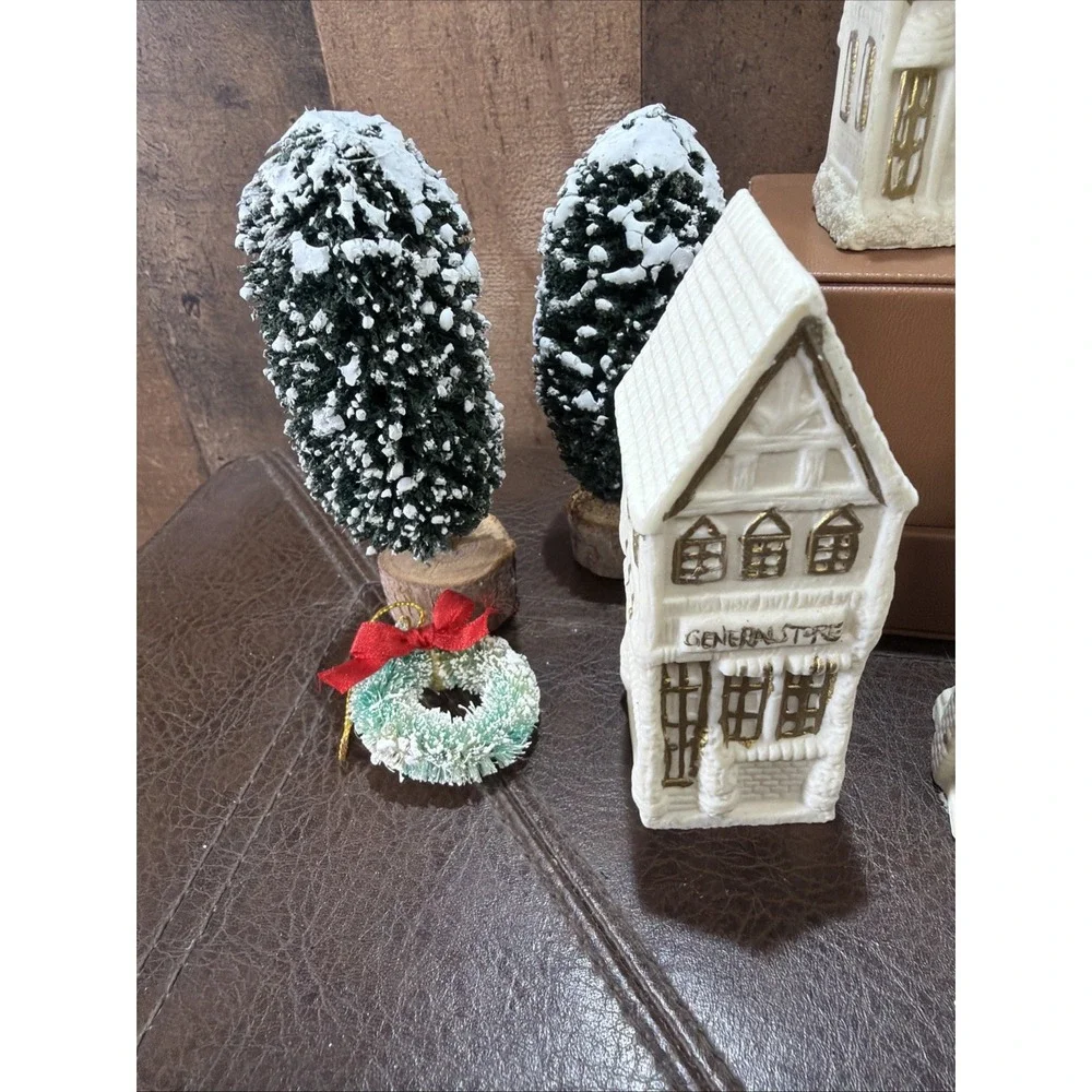 Miniature Ceramic White Gold Trim Village Houses Glitters Lot of 5 Vintage Trees